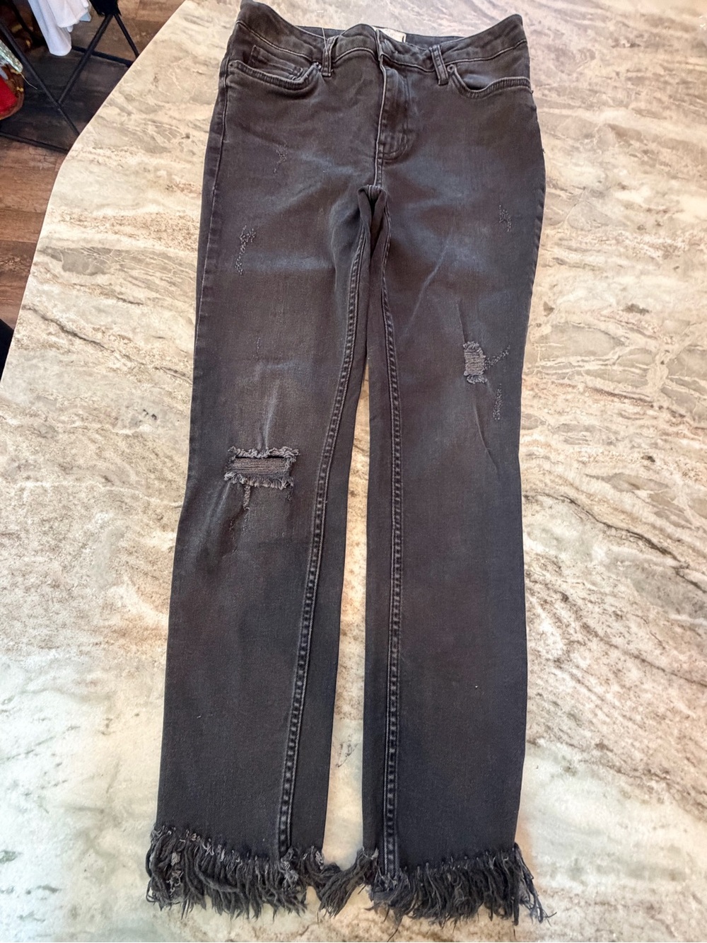 Free People Size 27 Black Distressed Flare Jeans Frayed Fringe Hem Stretch